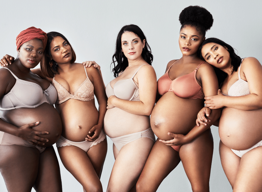 „Grupa kobiet w ciąży reprezentujących różnorodność, symbol wsparcia i edukacji okołoporodowej”